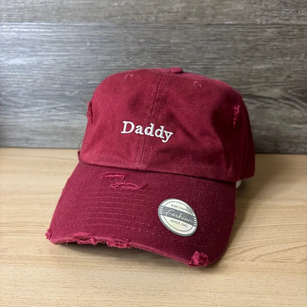 Daddy Hat Cap Strap Back Womens Red Maroon Distressed Adjustable